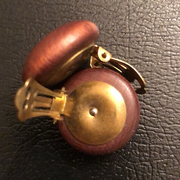 Vintage Brown Matte Wood Oversized Comfort Clip Earrings Made in Germany - #436 - Picture 6 of 6